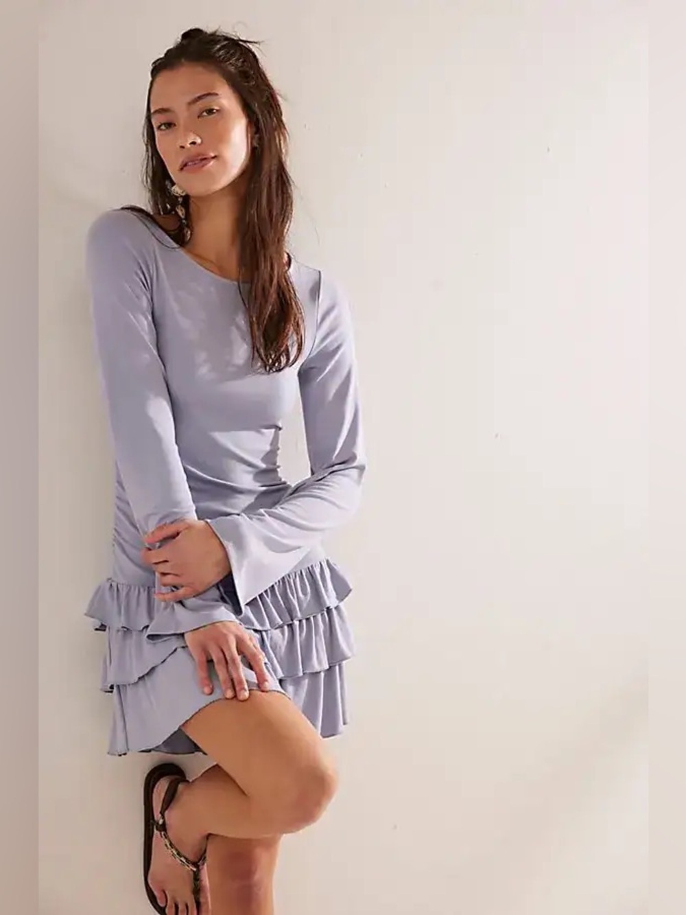 Free People free-est Good Feels Ruffle Mini Dress XL sky light blue Long Sleeve